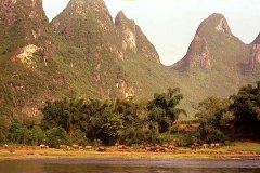 Zicht op karstgebergte vanaf rivier Li