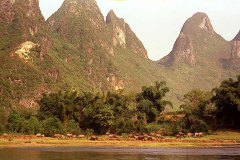 Zicht op karstgebergte vanaf rivier Li